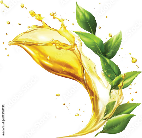 Yellow Liquid Splash with Green Leaves on White Background