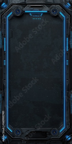 Dark grey metallic frame with glowing blue neon accents, resembling a futuristic interface or portal