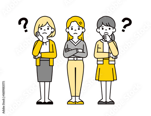心配そうな表情の20代・30代の複数の全身の女性のビジネスイラスト素材＿ベクター