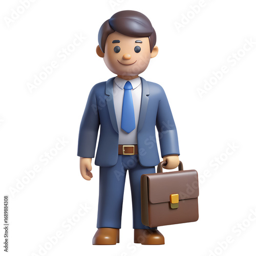 3D cartoon type Businessman Character with Briefcase Isolated on White Background in png file type