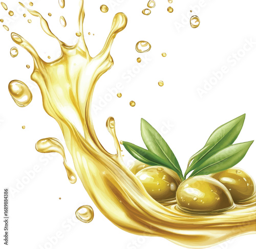 Golden olive oil splash with olives and leaves on white background