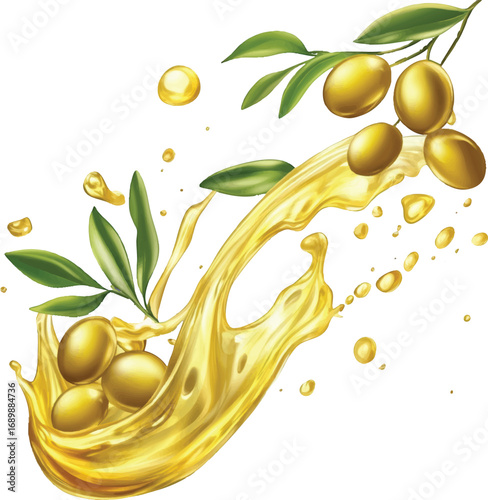 Olive Branch with Olives and Golden Oil Splash Keywords: olives, olive oil, branch, leaves