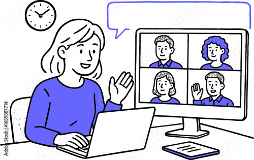 Video online conference ilustration vector. Man having a conference call with his business team online, telecommuting, remote work and business