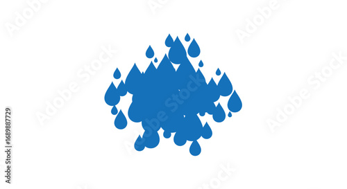 Blue water droplets forming a shape on a white background.