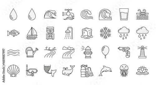 Collection of water-related line icons: drops, waves, fish, ice, rain, and more.