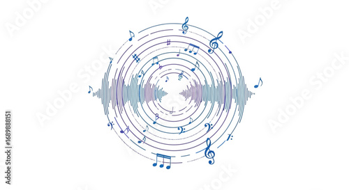 A circular sound wave visualization with musical notes and clefs creating a dynamic audio-themed graphic.