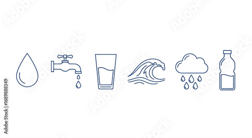 Line art icons representing various forms and sources of water, including a drop, faucet, glass, wave, rain cloud, and bottle.
