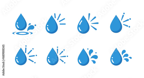 Set of blue water drop icons with splash effects on white background.