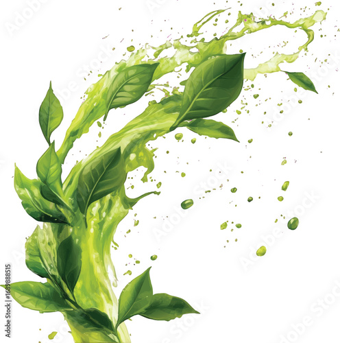 Green Liquid Splash with Leaves and Droplets on White Background