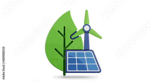 A green leaf behind a solar panel and a wind turbine, symbolizing renewable energy and environmental sustainability.