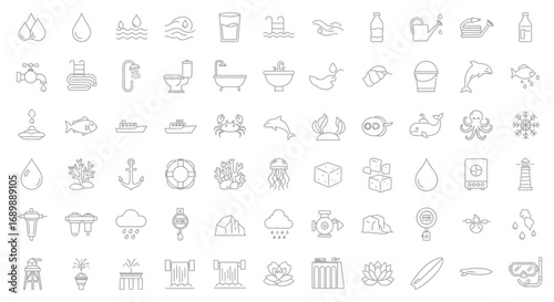 A comprehensive collection of line art icons representing various water-related themes, including nature, activities, and objects.