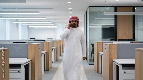 Middle Eastern Businessman Talking on Phone in Modern Office Setting Professional Atmosphere