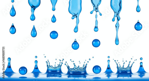Water droplets in various forms, including splashes and drips, against a white background.