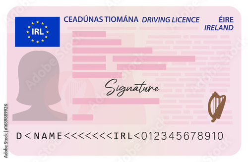 Ireland driver's license with female silhouette isolated on white background.