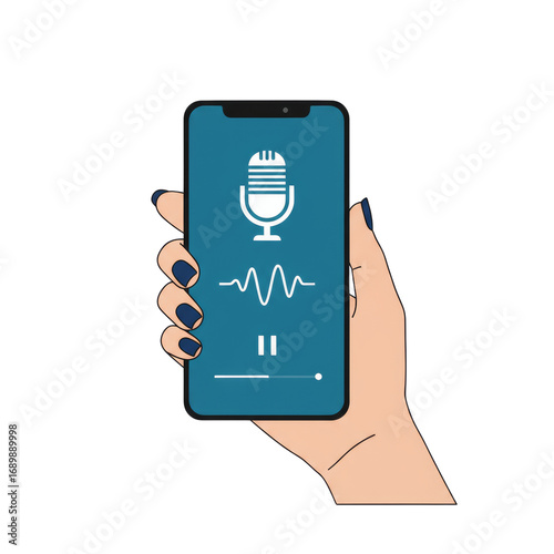 Hand holding smartphone with microphone, audio recording app, clear interface and transparent