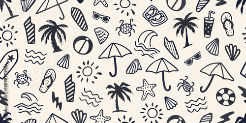 Seamless hand drawn doodle pattern of summer beach vacation icons and symbols