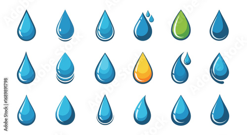 A collection of various stylized water drops and liquid icons in different shades of blue, green, and yellow, with reflections and ripples.