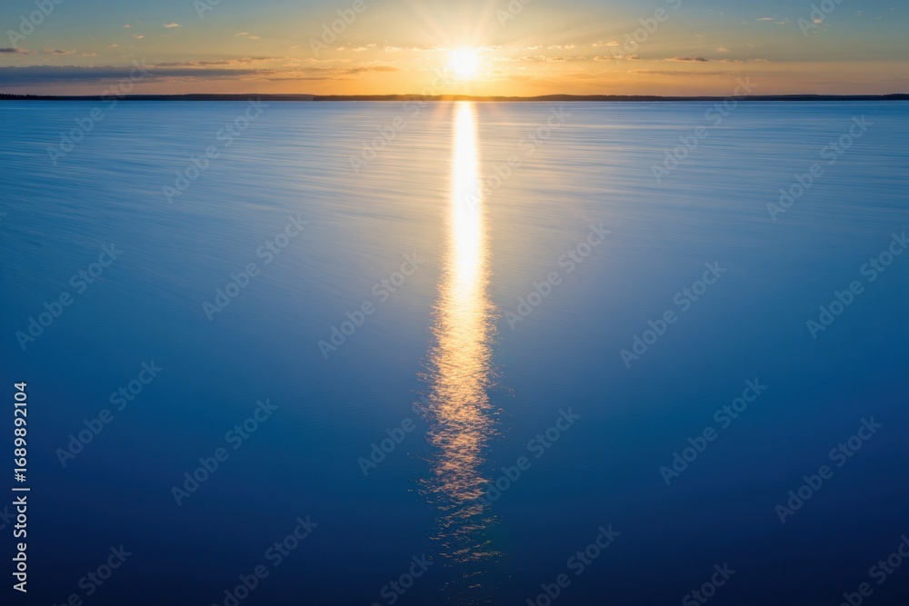 Obraz premium Serene ocean sunset with golden sunbeam reflecting on calm blue water