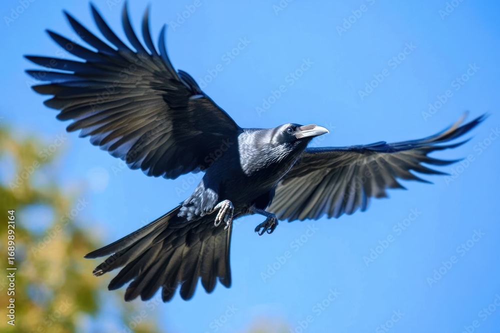 Naklejka premium Black raven in mid-flight with wings fully spread against clear blue sky and blurred background foliage, showcasing its feathers and focused expression