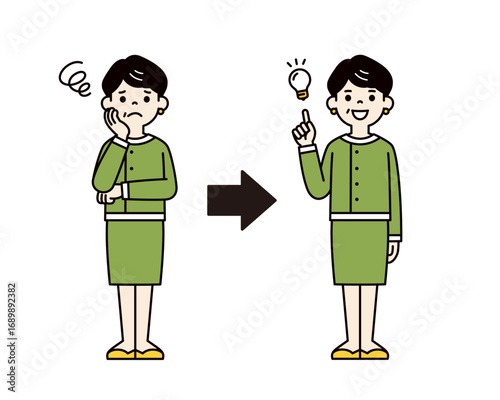 困っていたが、解決策を思いついた50代・60代の女性の全身ベクターイラスト素材＿カラー