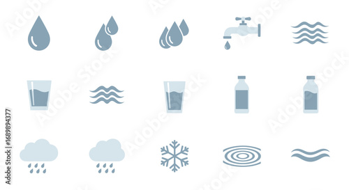Collection of water-related icons, including water drops, faucets, waves, glasses, bottles, clouds, rain, snowflakes, and ripples.