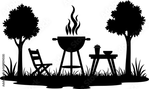 Grilling barbecue tools summer cookout illustration in the garden