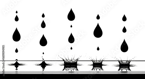 Water droplets falling and splashing animation sequence.