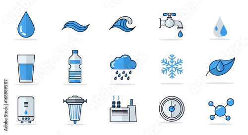 A collection of blue and grey icons representing various aspects of water, including drops, waves, rain, snow, drinking water, industrial use, and scientific concepts.