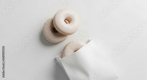 Three Beige Donuts on White Surface with Paper Bag.