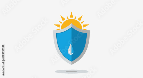 A blue shield with a water droplet and a sun behind it, symbolizing protection from the elements.