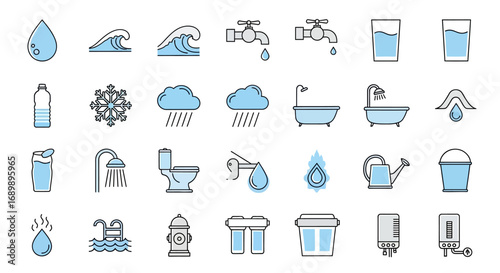 Water icons: drop, wave, tap, glass, bottle, rain, bath, shower, toilet, pool.