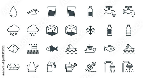 A collection of line art icons representing various aspects of water, including its forms, uses, and related activities.