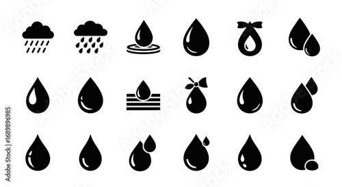 Collection of black and white water drop icons, showing various representations of water, including rain clouds, puddles, and drops.
