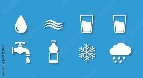 White icons representing various forms and uses of water, including drops, waves, glasses, a faucet, a bottle, a snowflake, and a rain cloud, on a blue background.