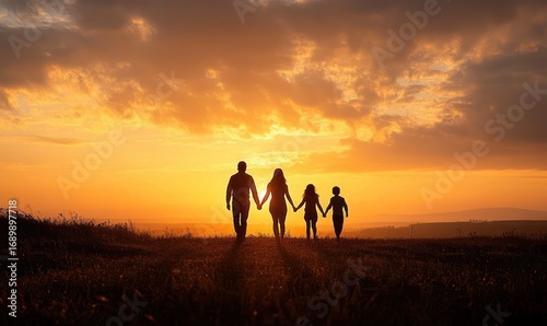 Silhouetted family of four holding hands and walking through a field during a vibrant orange sunset with dramatic clouds