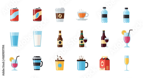 A collection of various beverage icons in a flat vector style, including soda, coffee, tea, water, and alcoholic drinks.