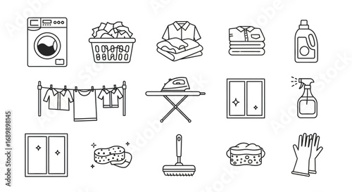 A collection of line art icons representing various laundry and cleaning tasks, including a washing machine, clothes basket, iron, and cleaning supplies.