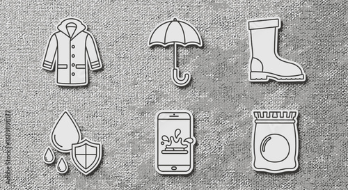 Six white outline icons representing waterproof and rain protection items on a gray textured background.