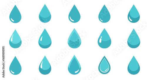 Collection of light teal water droplets, various perspectives and slight shading variations.