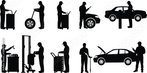 Car mechanic silhouettes working in garage, repairing vehicles, using tools, lifting cars, fixing engines, automotive maintenance, professional technician jobs