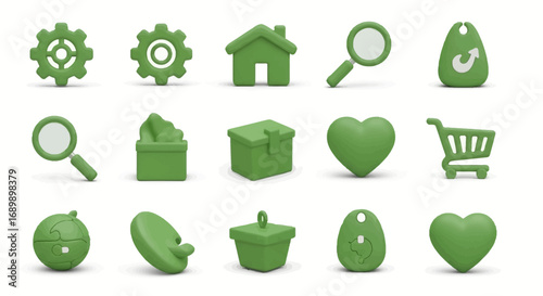 A collection of 3D rendered green user interface icons isolated on a white background, including settings, home, search, and shopping symbols.