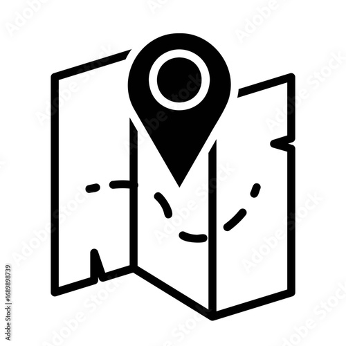 A simple black line icon of a folded map with a dotted route and a location pin, symbolizing travel, navigation, and reaching a destination