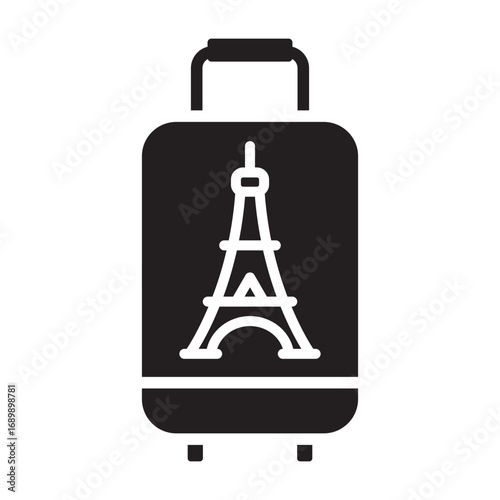 Simple black glyph icon of a rolling suitcase with an Eiffel Tower symbol, representing travel, tourism, and vacation to Paris, France