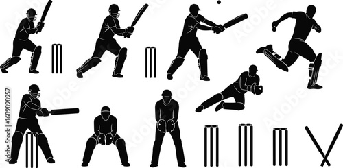 Cricket vector silhouette set, batsman, bowler, fielder, wicketkeeper, stumps, bat, sports action illustration for cricket match design.