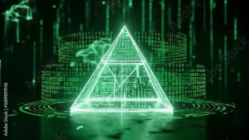 Futuristic glowing digital pyramid hologram with neon green light and cyber technology background design
