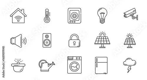 A collection of thin line icons representing various smart home and Internet of Things (IoT) devices and concepts.