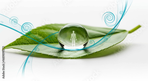 Human silhouette reflected inside a pure water droplet on a green leaf, symbolizing life, health, and harmony with nature.