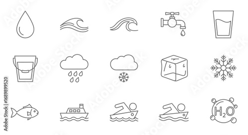 A collection of line art icons representing various aspects of water, including its states, uses, and related elements.