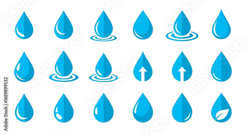 A collection of various blue water drop icons, some with ripples, reflections, arrows, or a leaf, representing water and liquid concepts.