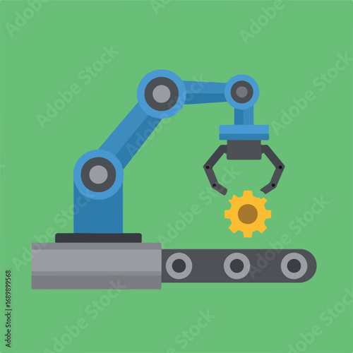 Illustration of a blue robot arm holding a yellow gear above a gray conveyor belt on a light green background, representing automation and industry.